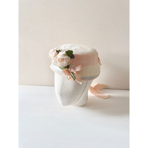 Vintage Ivory Straw Weave Pale Pink Grosgrain Ribbon Faux Flower Cloche Hat - Picture 1 of 16